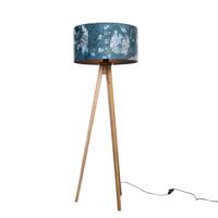 Háromlábú állólámpa, vintage fa, bársony lámpabúra, hal mintával, 50 cm - Tripod Classic