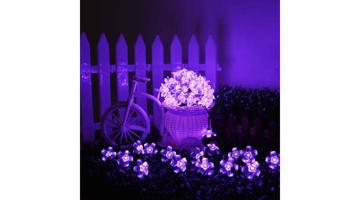 Napelemes fényfüzér, 50 LED, cseresznyefa virág design, lila Sakura, 5m, kültéri