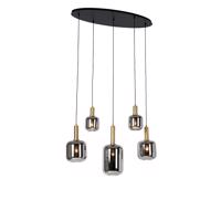 Smart hanglamp zwart met goud en smoke glas ovaal 5-lichts incl. 5 Wifi G95 - Zuzanna