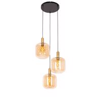 Smart hanglamp zwart met messing en amber glas 3-lichts incl. 3 Wifi G95 - Zuzanna