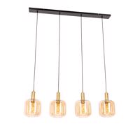Smart hanglamp zwart met messing en amber glas 4-lichts incl. 4 Wifi G95 - Zuzanna