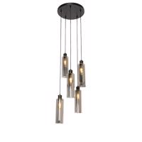 Smart hanglamp zwart met smoke glas 5-lichts incl. Wifi A60- Stavelot