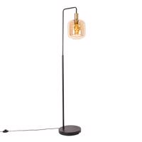 Smart vloerlamp zwart met messing en amber glas incl. Wifi G95 - Zuzanna